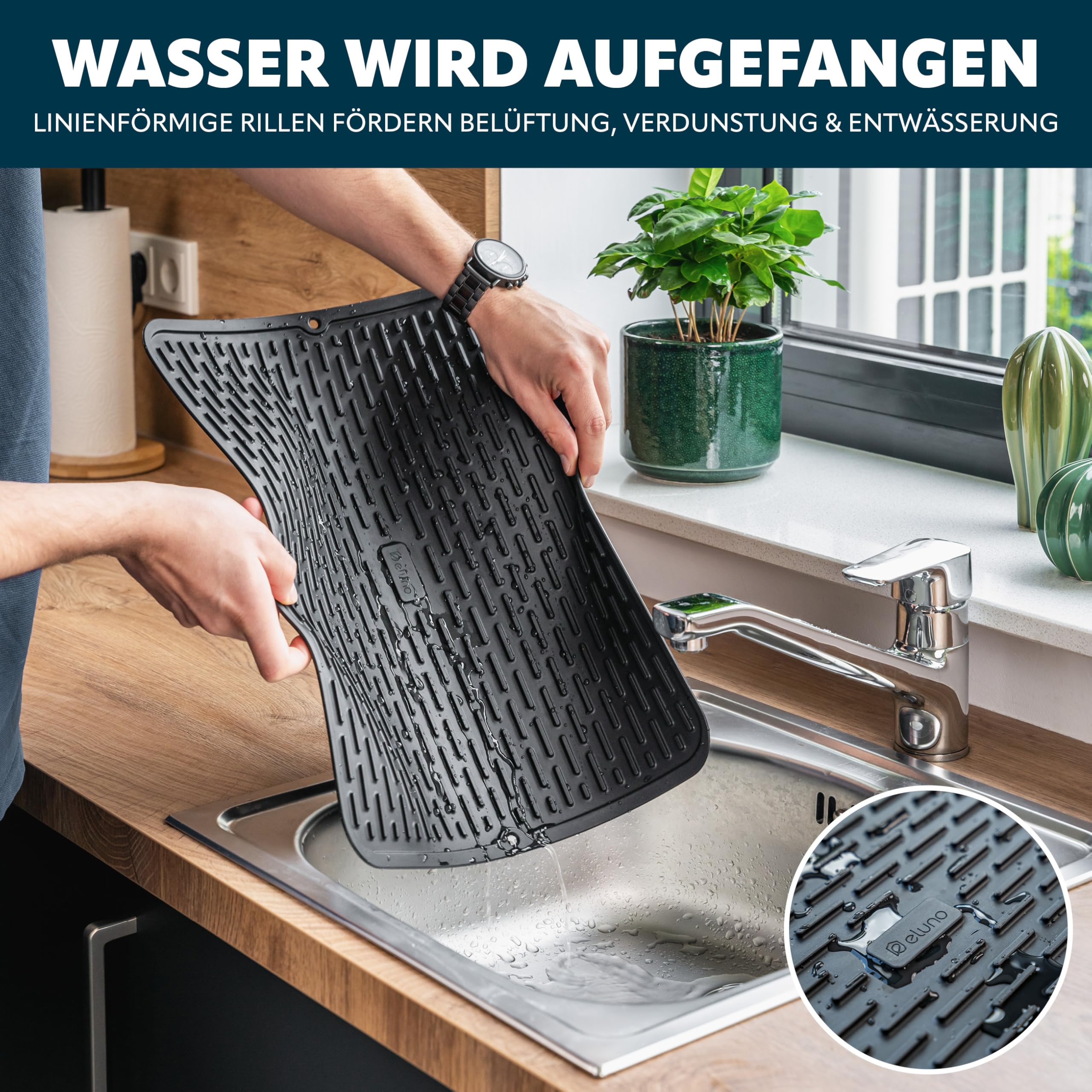 eluno Spül-Set 2er, bestehend aus Spülbecken-Organizer mit Soft-Touch Oberfläche und Abtropfmatte inkl. Abtropfgestell für 9 Teller, Geschirrspülset inkl. Seifenspender mit 350 ml Volumen, schwarz