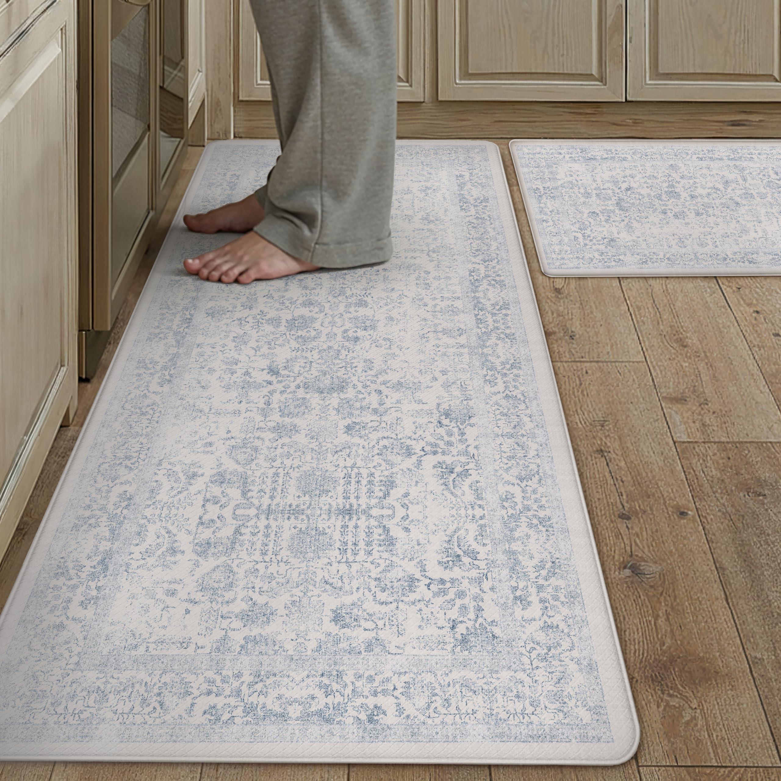 Kitchen Mats 2PCS Anti Fatigue Cushioned Mat Beige Vintage Kitchen Mats for Floor Waterproof Non Slip Comfort Standing Oriental Medallion Rug for Sink Laundry Office 17.3"x47"+17.3"x30" — view 16