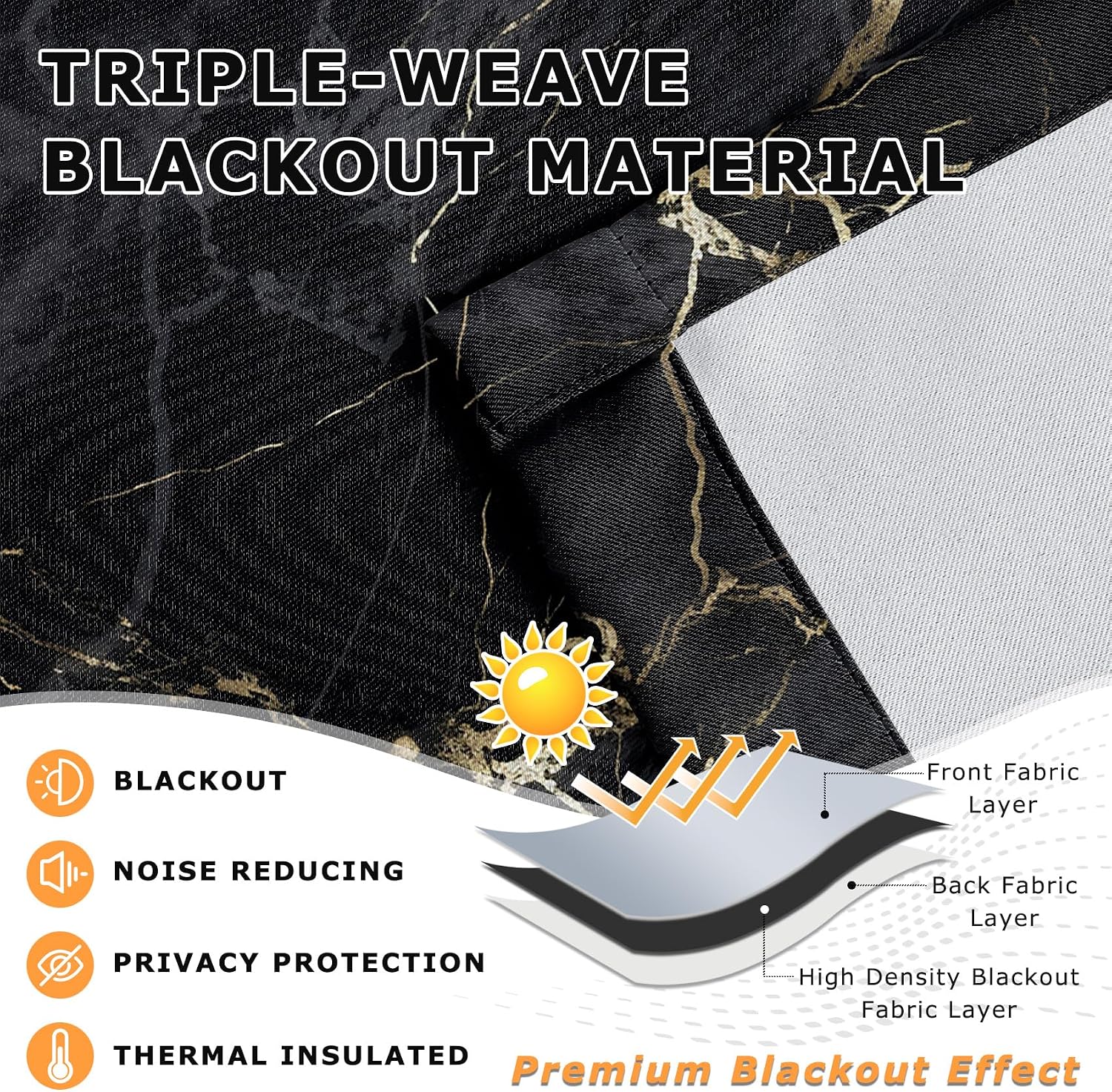 Marble Black Out Curtains 84 Inch Length - Black and Gold Abstract Modern Luxury Curtains for Bedroom Living Room, Room Darkening Grommet Drapes Patterned Window Treatments, 2 Panels Set