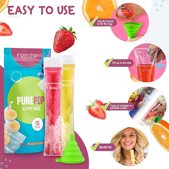 Disposable Ice Popsicle Mold Bags - 125, BPA Free Freezer Tubes, Zip Seals | Includes Funnel, Multiple Sizes For Healthy Snacks, Yogurt Sticks, Juice & Fruit Smoothies, Ice Candy Pops
