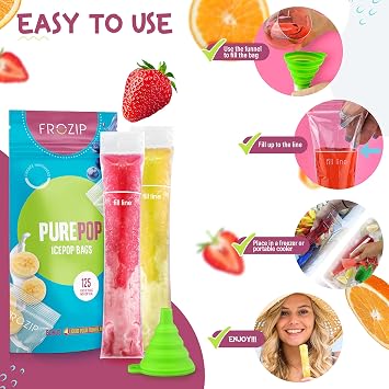 Disposable Ice Popsicle Mold Bags - 125, BPA Free Freezer Tubes, Zip Seals | Includes Funnel, Multiple Sizes For Healthy Snacks, Yogurt Sticks, Juice & Fruit Smoothies, Ice Candy Pops