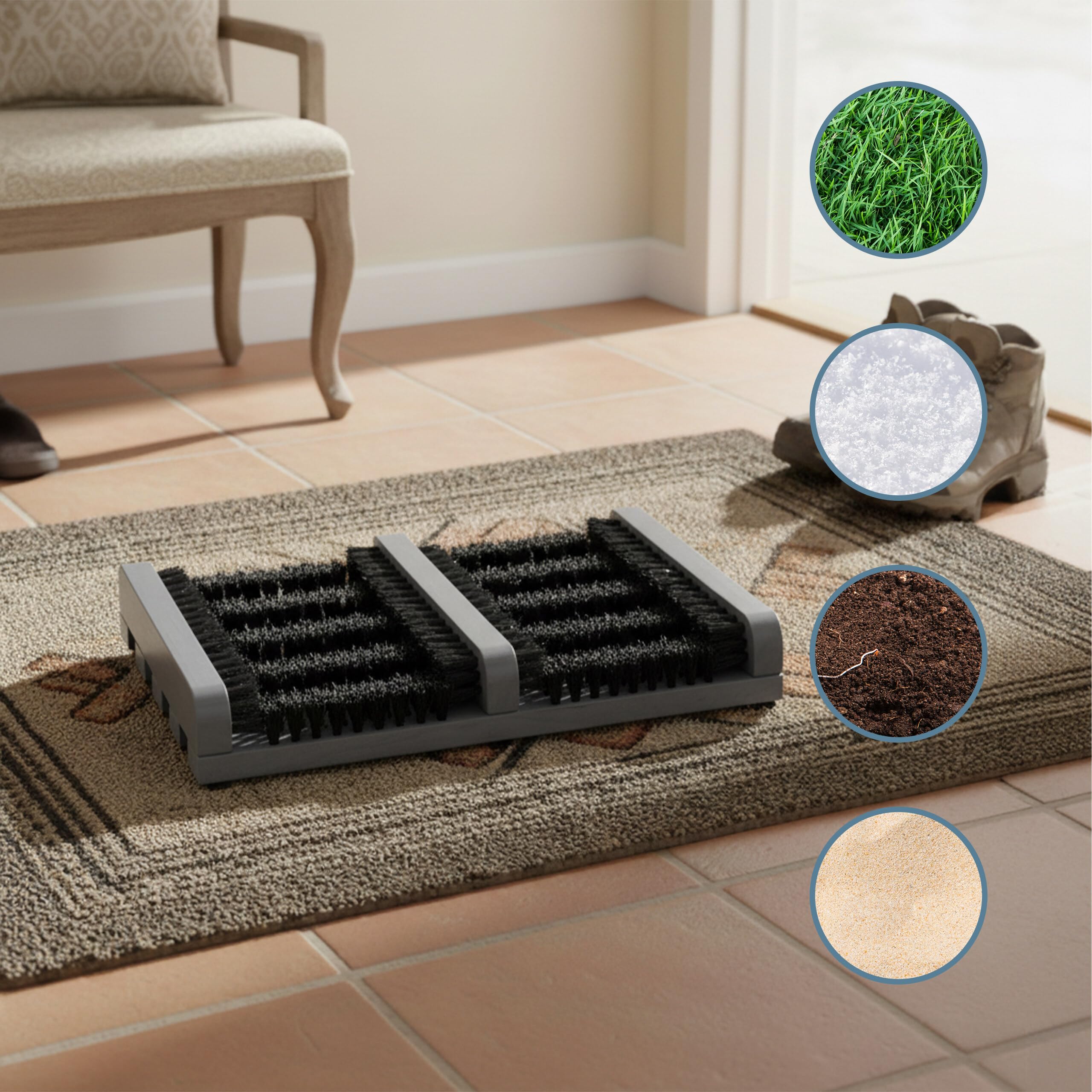 Relaxdays Pulisci Scarpe Ingresso con Spazzole Pulizia Suola di Sneaker e Stivali, Tappetino a Setole Dure, Grigio Nero