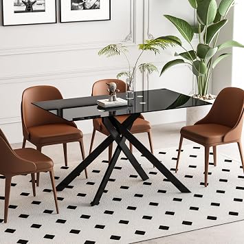 51" Black Glass Dining Table for 4 to 6 People, Modern Tempered Glass Dinner Table, Rectangular Glass Dining Table Kitchen Table with Black Metal Legs for Dining Room Apartment Living Room