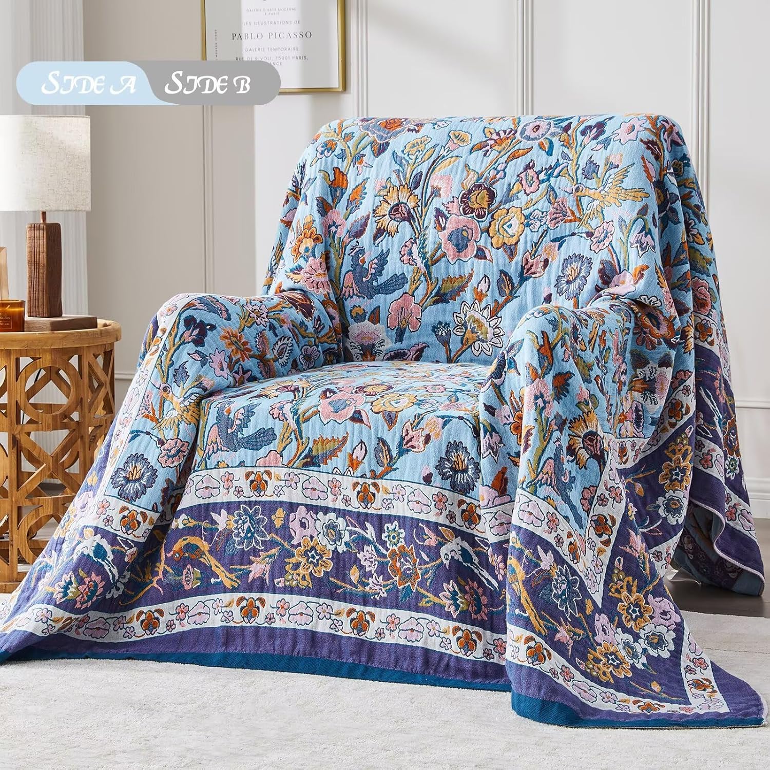 Boho Blanket Soft Muslin BohoThrow Blanket, 100% Cotton Floral Printed Farmhouse Decor All Season Reversible Rustic Throw for Sofa Couch Chair (Light Purple, 80"x90")