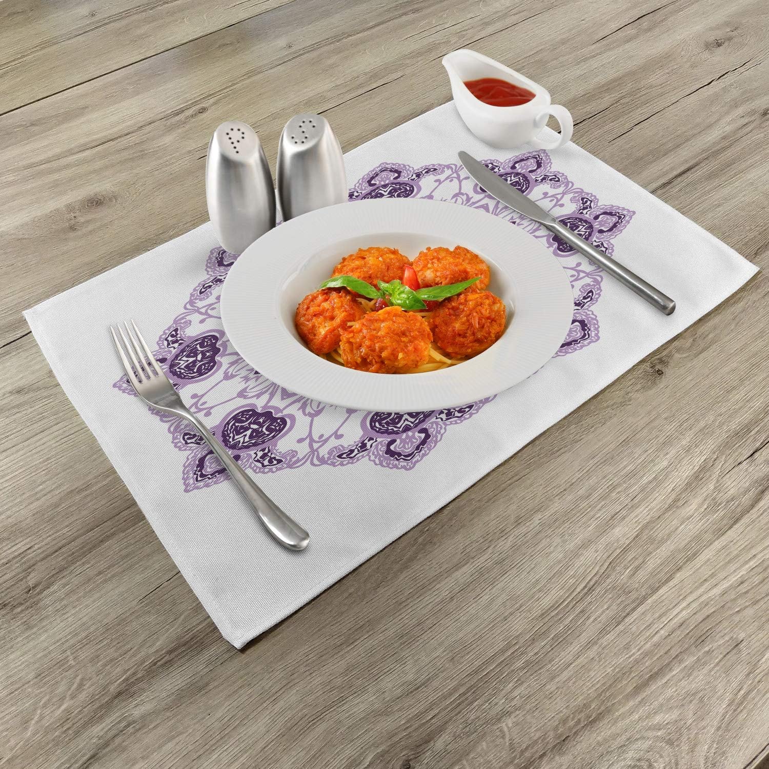 Lunarable Mandala Place Mats Set of 4, Kaleidoscope Style Ring of 8 Form Nature of The Pure Land Hidden Theme Print, Washable Fabric Placemats for Dining Room Kitchen Table Decor, Purple Black