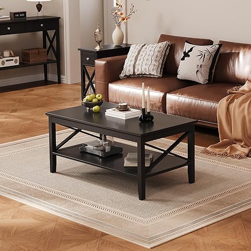 Miniatura 9 de Mesa de centro ChooChoo Oxford con patas más gruesas, mesa de centro de madera negra con almacenamiento para la sala de estar Negro -,Negro y