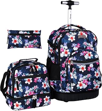 seastig Rolling Backpack 18in Wheeled Backpack with lunch bag and Pencil Case Set Roller Backpack Laptop Backpack Adults Kids