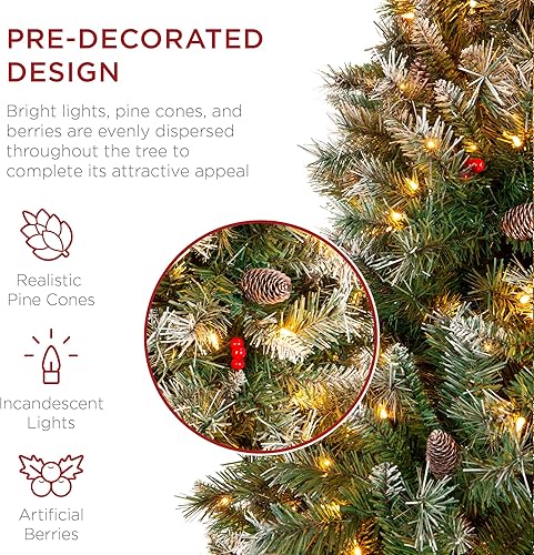 Miniatura 3 de Best Choice Products Árbol de Navidad preiluminado, predecorado artificial de pino esmerilado de 7.5 pies, decoración navideña con puntas