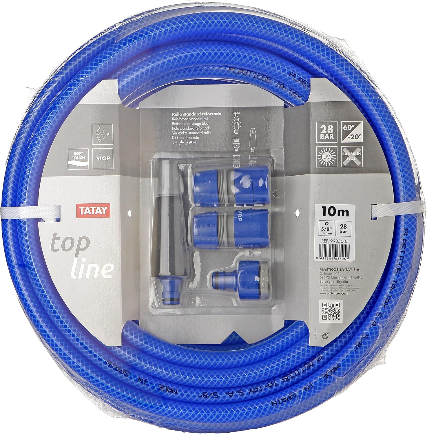 TATAY Blue Line gardening hose set, in a 15 m roll, reinforced, cadmium and BpA free, and equipped with a complete watering set, soft-touch and with anti-UV properties. Regular use