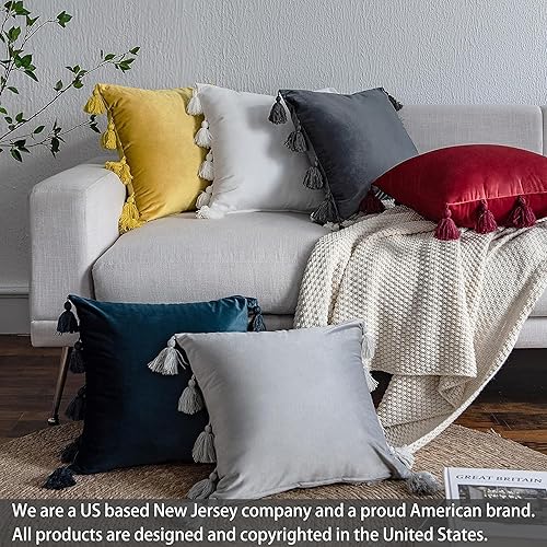 Miniatura 6 de DriftAway Fundas de almohada bohemias modernas, rústicas, decorativas para el hogar, con borlas de terciopelo para cama, sofá o banco, 2 piezas de