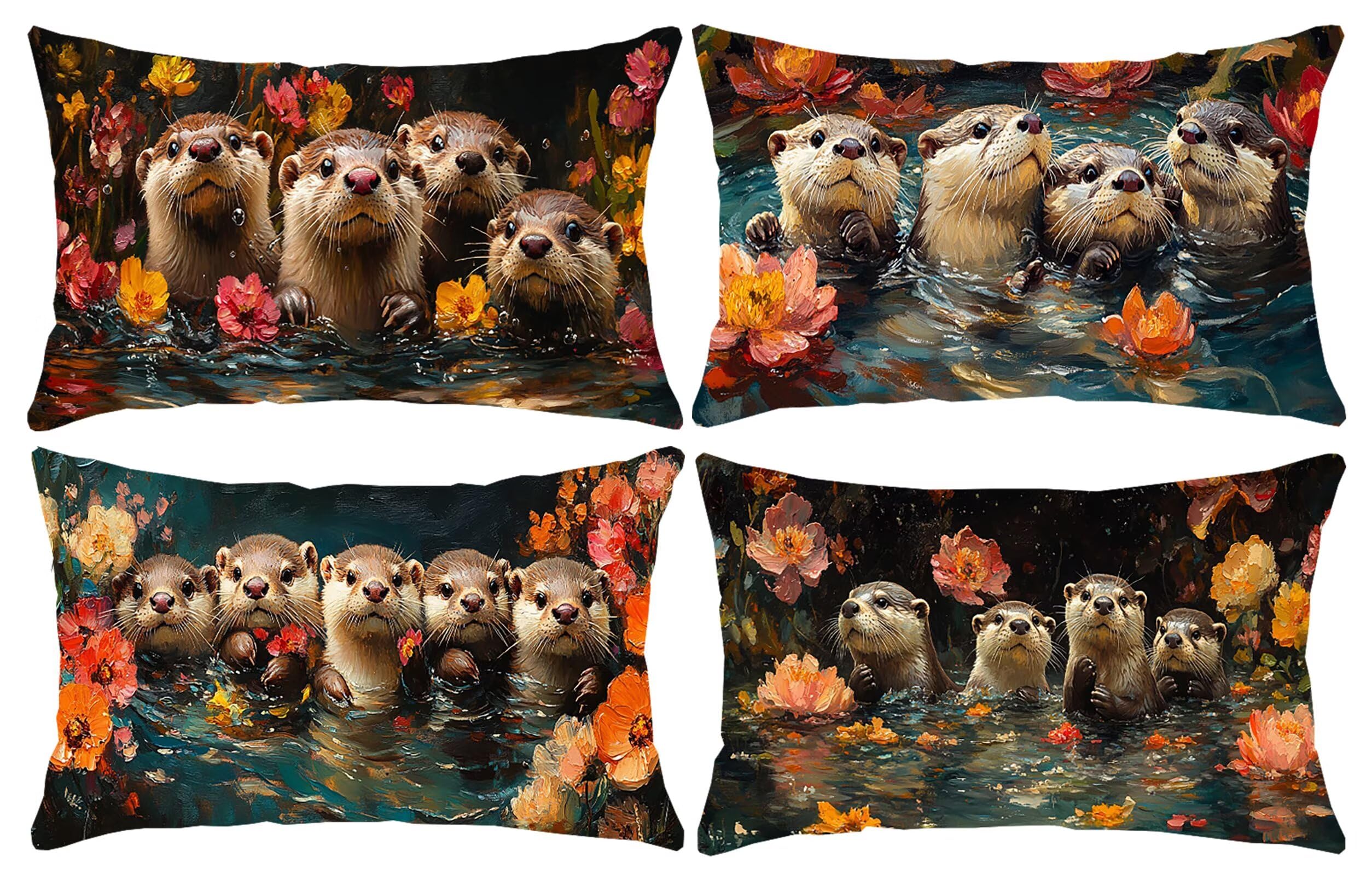 Juego de 4 Rectangular Funda de Cojines Exterior Impermeable Fundas de Almohada Sofa Cojines Terciopelo Decorativos Nutria marina Patrón Decorativos Moderna para Jardín Sofá Silla 40x80cm y-245