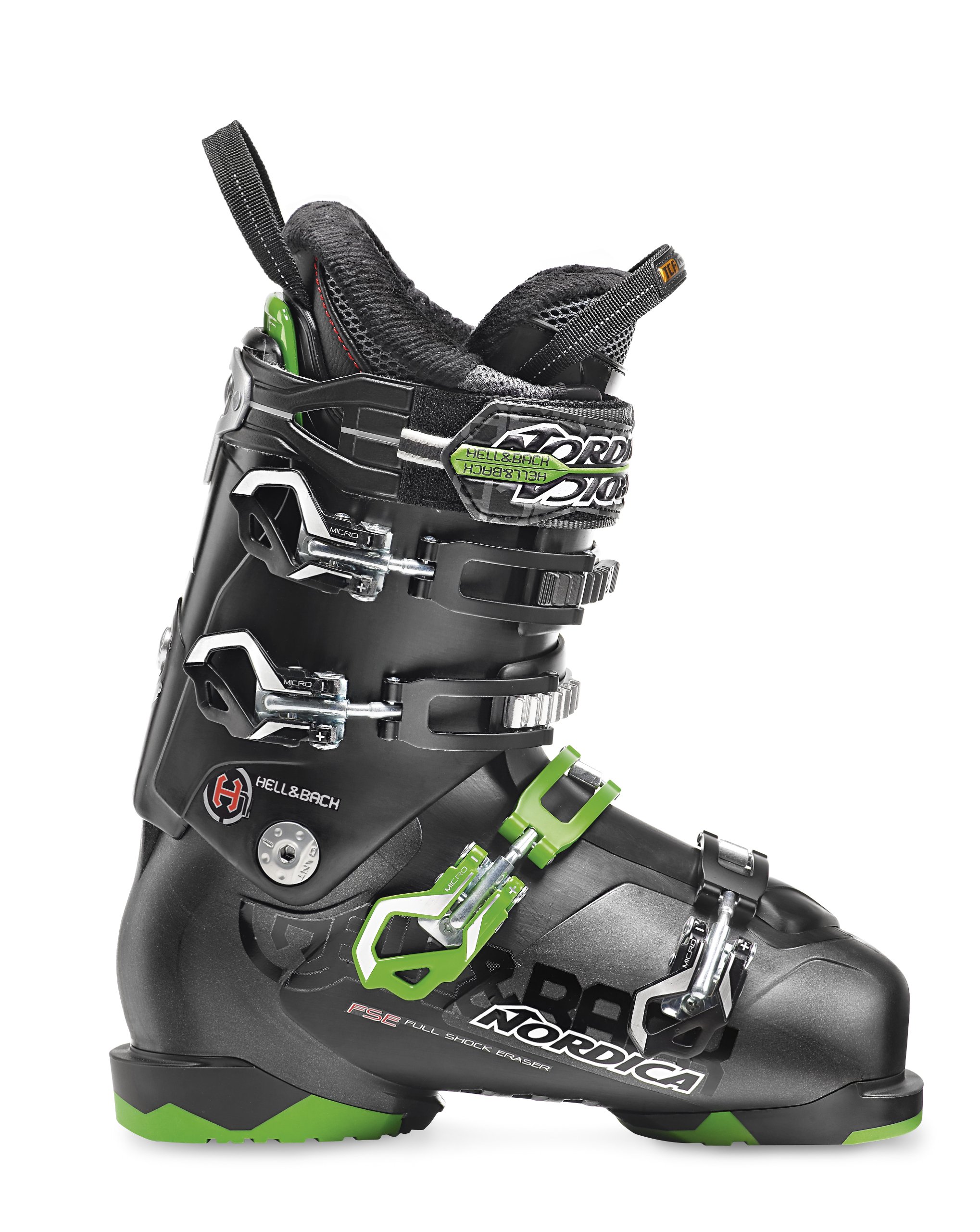 Nordica Hell & Back H2 Ski Boot, front view, green and black color scheme