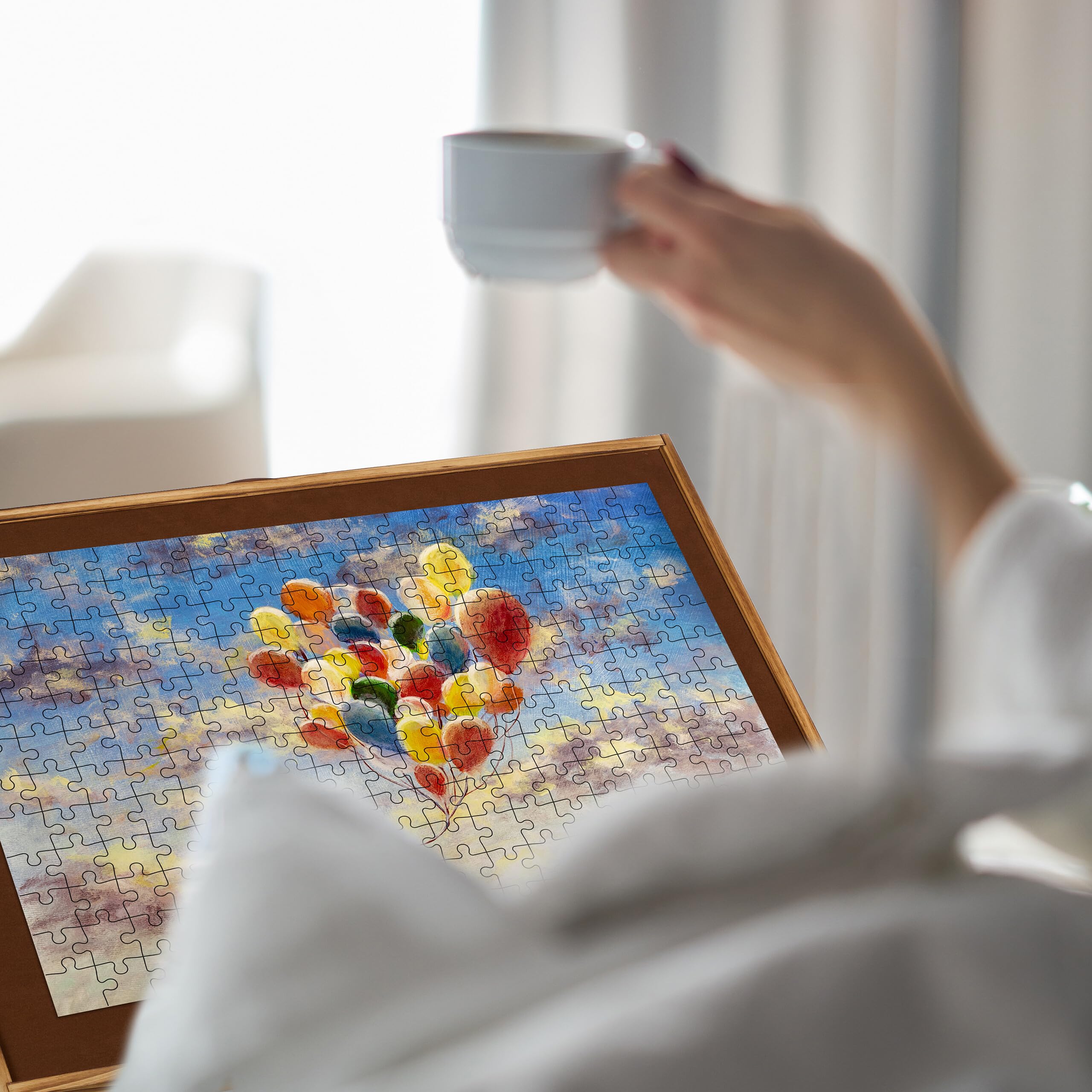 Relaxdays Stół do puzzli, dwustronna półka na 1000 i 1500 elementów, z regulacją wysokości, drewniana deska do puzzli, kolor brązowy