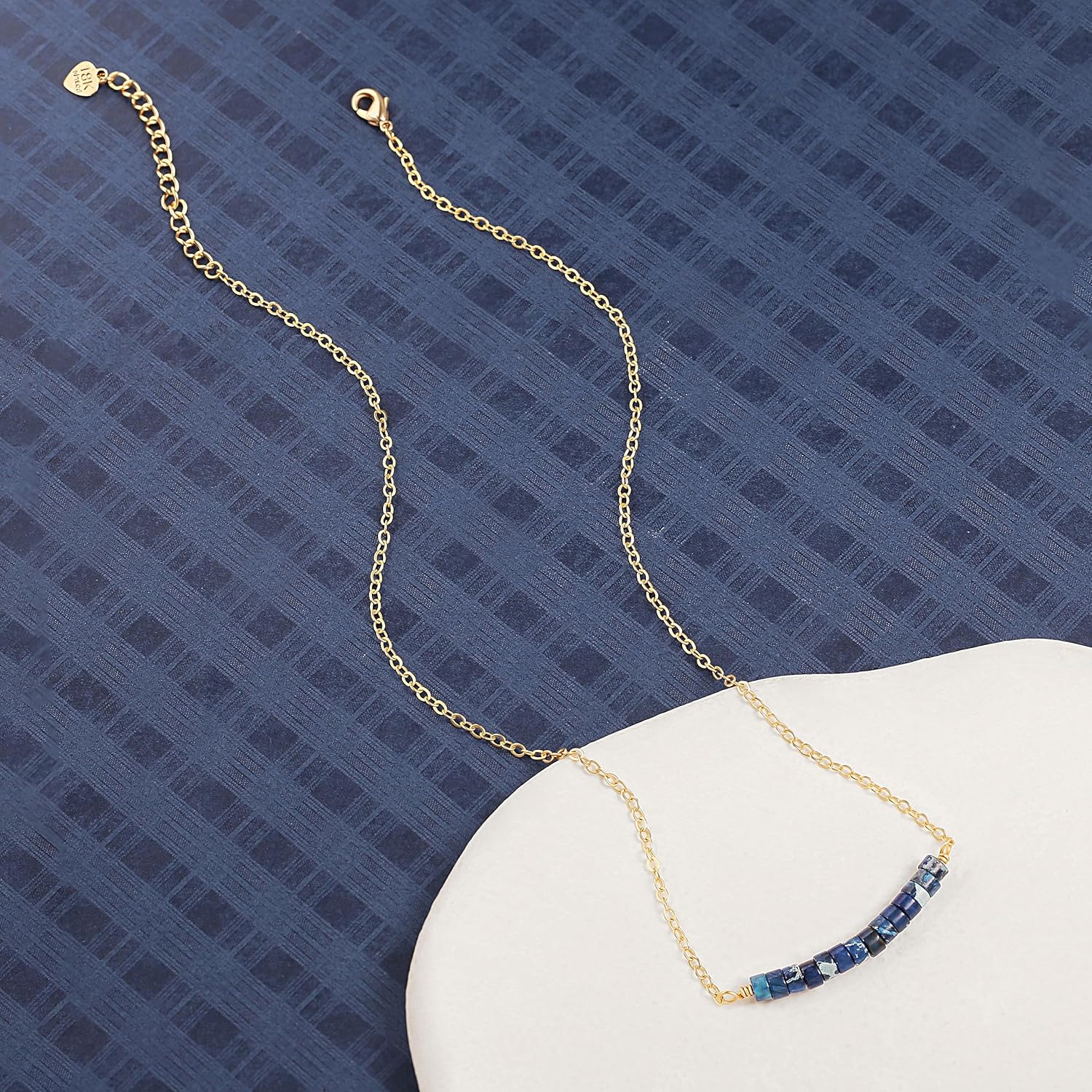 PEARLADA Turquoise/Lapis Lazuli Beaded Bar Pendant Necklace, Dainty 18k Gold Plated Chain Choker Necklace, Boho Turquoise Jewelry for Women - Image 7