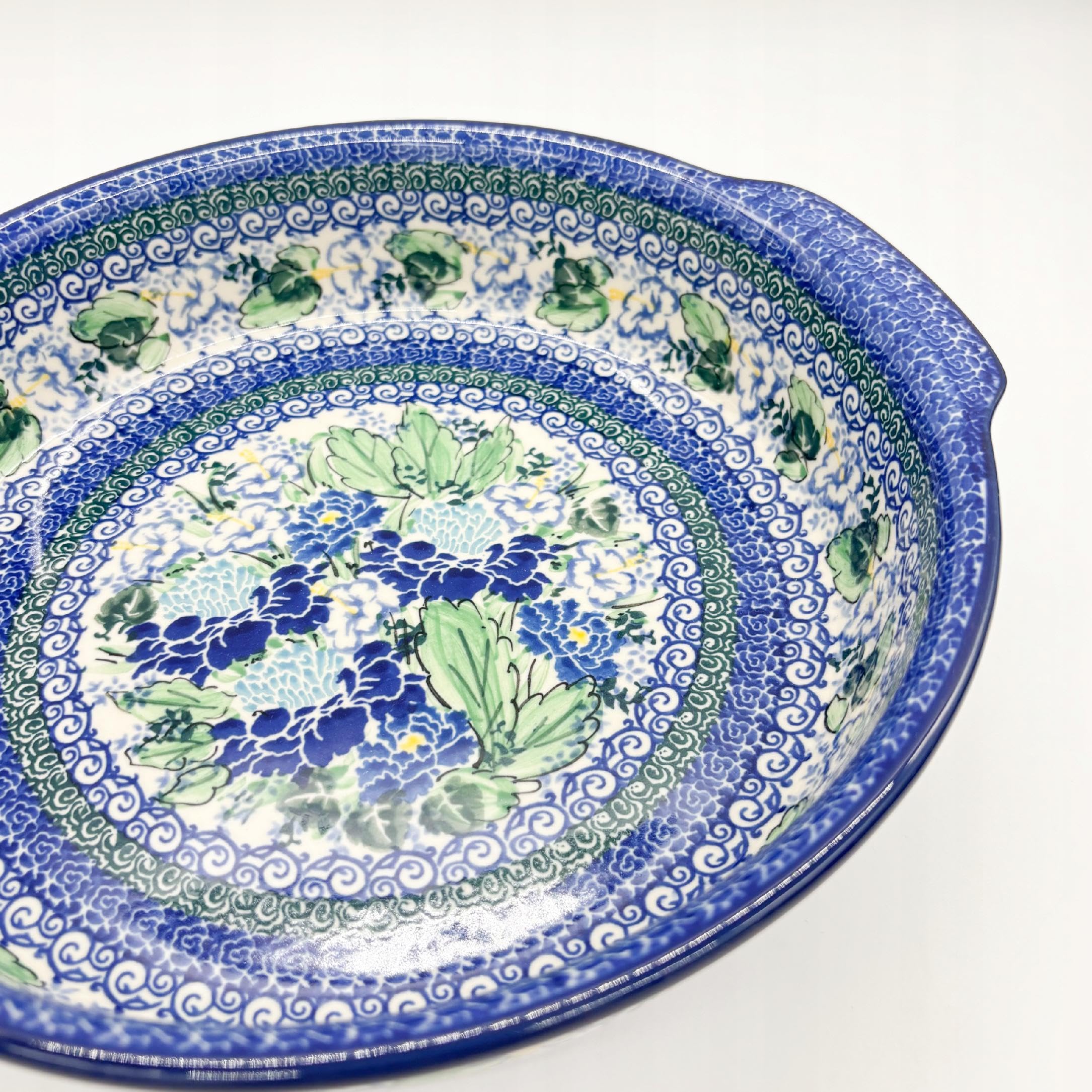 Bunzlauer Keramik Auflaufform, Handgefertigt, Blau-Grün Traditionelles Muster, 28 cm Durchmesser, 6,5 cm Höhe, Backform zum Servieren