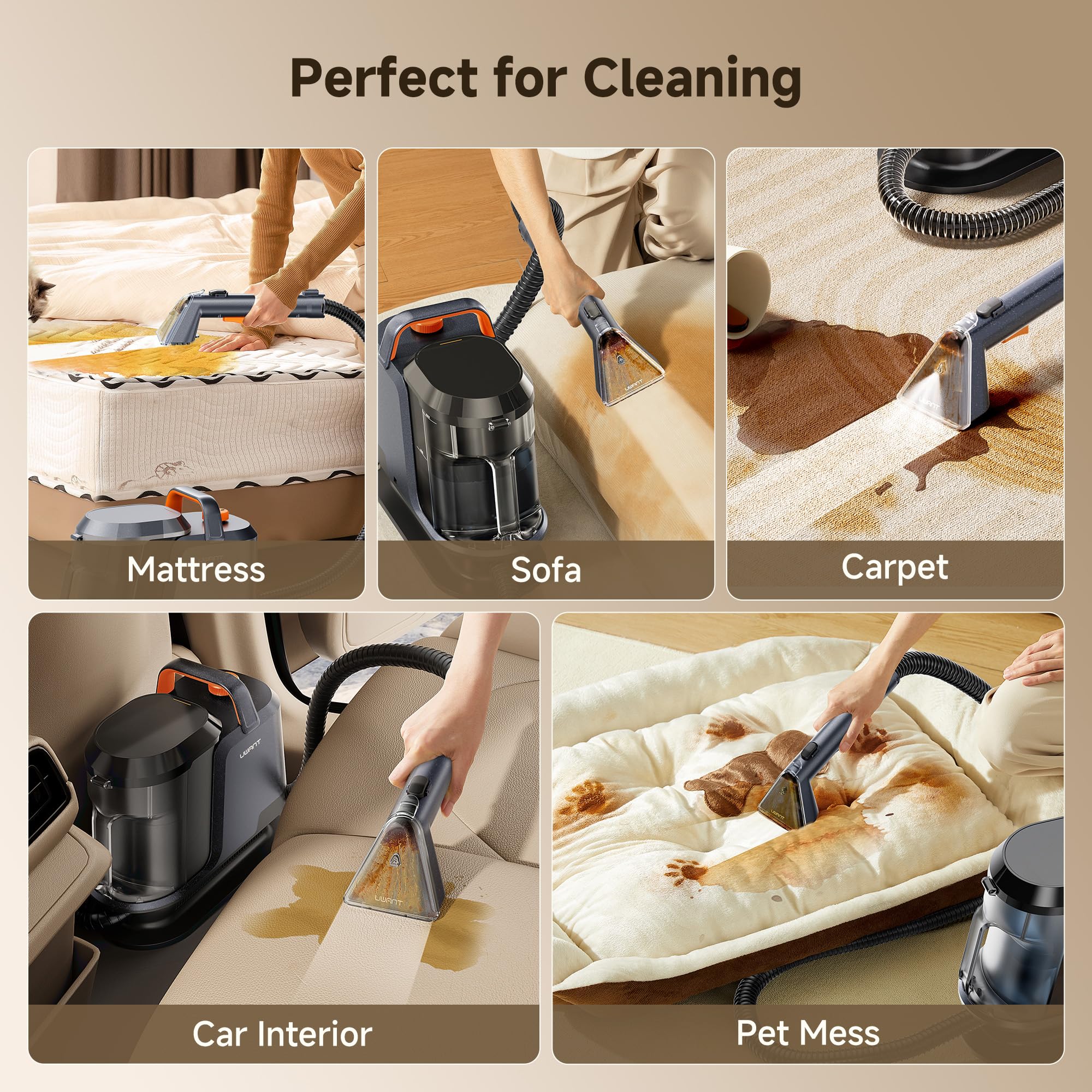 uwant Portable Carpet and Upholstery for Deep Cleaner, 18Kpa Carpet Cleaner Machine for Cars, Pets with Pet Pro Solution and Self Cleaning Set of 1 for Spot, Rug, Couch