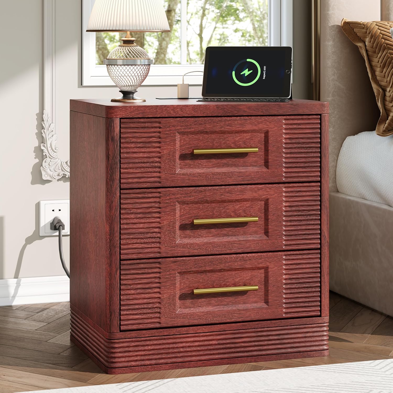 RECHHX Nightstand with Charger Station, Walnut End Table Bedside Table