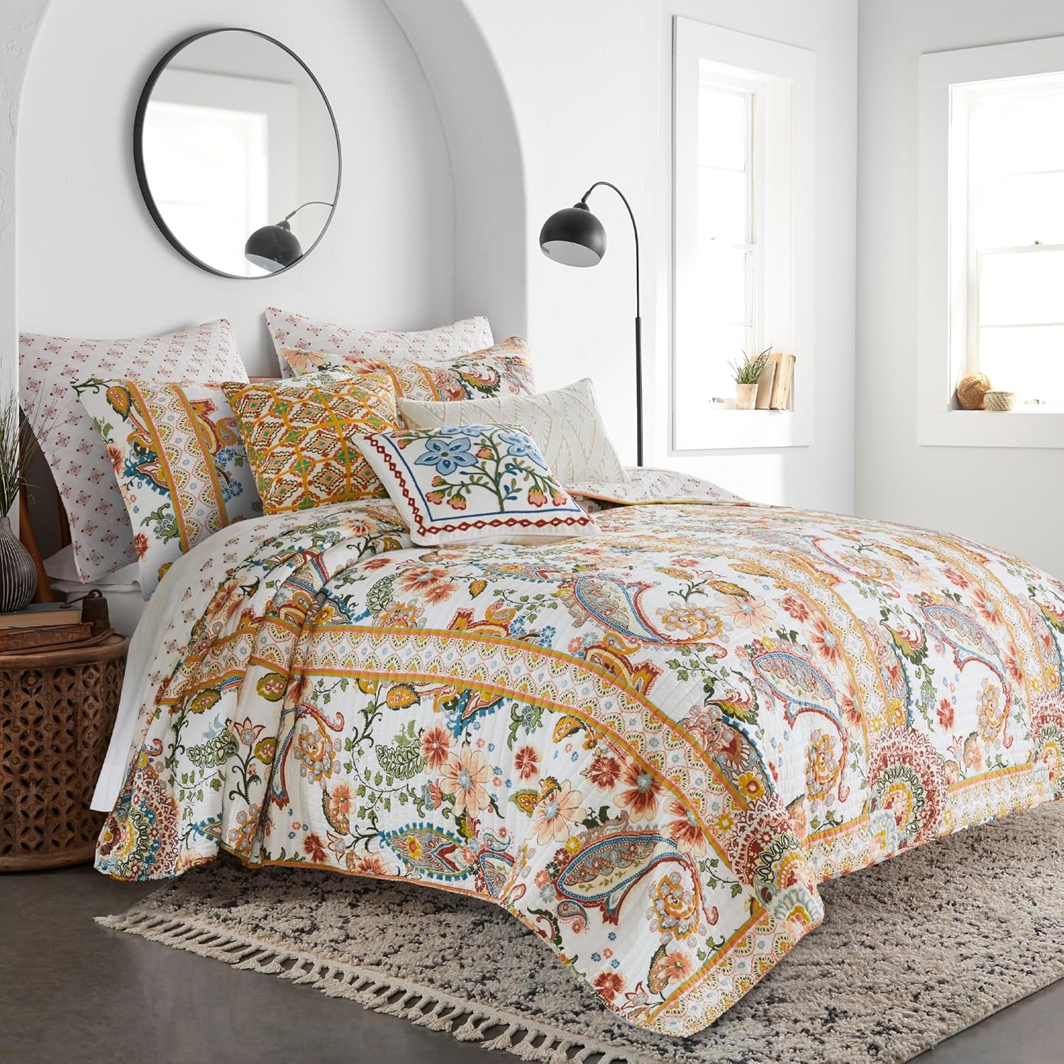 Levtex Home - Bertelli Navy Quilt Set - King Quilt and Two King Shams - Floral - Navy, Pink, Ochre, Blue Teal, Green - Quilt (106x92in.) and Shams (20x36in.) - Reversible - Cotton