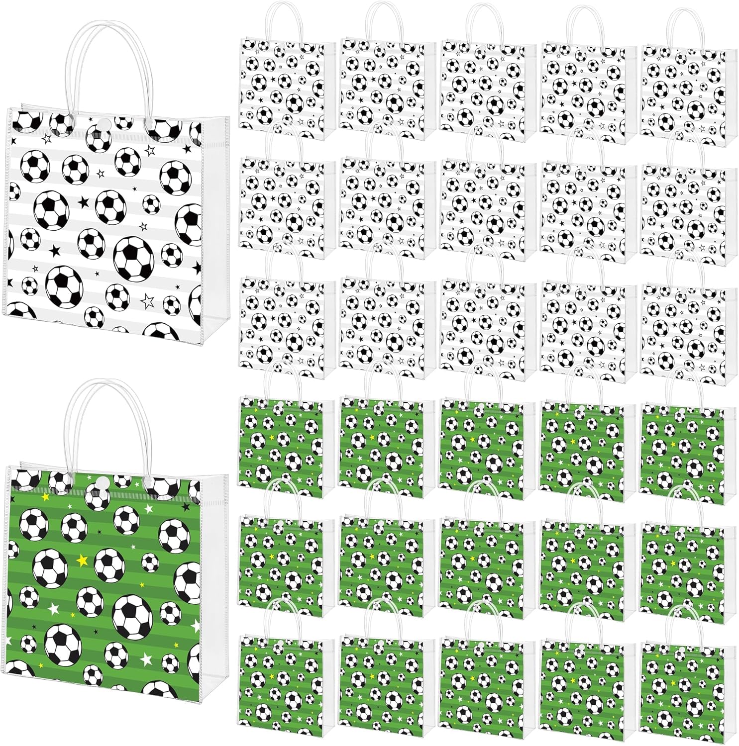 MIMIND 30 Pieces Soccer Gift Bags with Handles PVC Clear 8 x 8 x 3.15 Inch Soccer Goodie Bags Snack Sport Themed Favor Treat Bag for Team Birthday Holiday Party Supplies