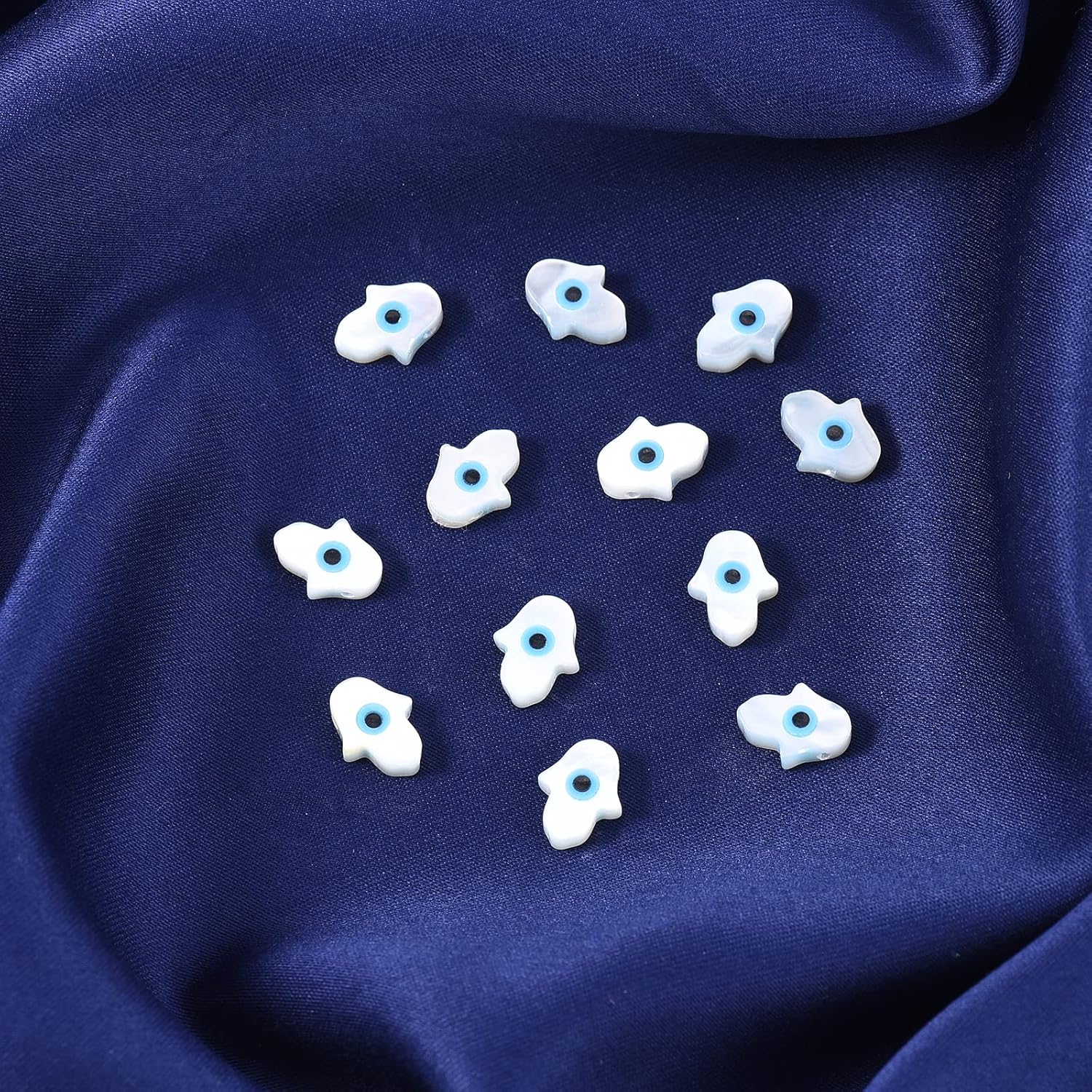 LiQunSweet 20 Pcs Natural White Shell Mother of Pearl Shell Loose Beads Top Drilled Hamsa Hand with Evil Eye for Jewelry Making DIY Craft - 10x8x2mm