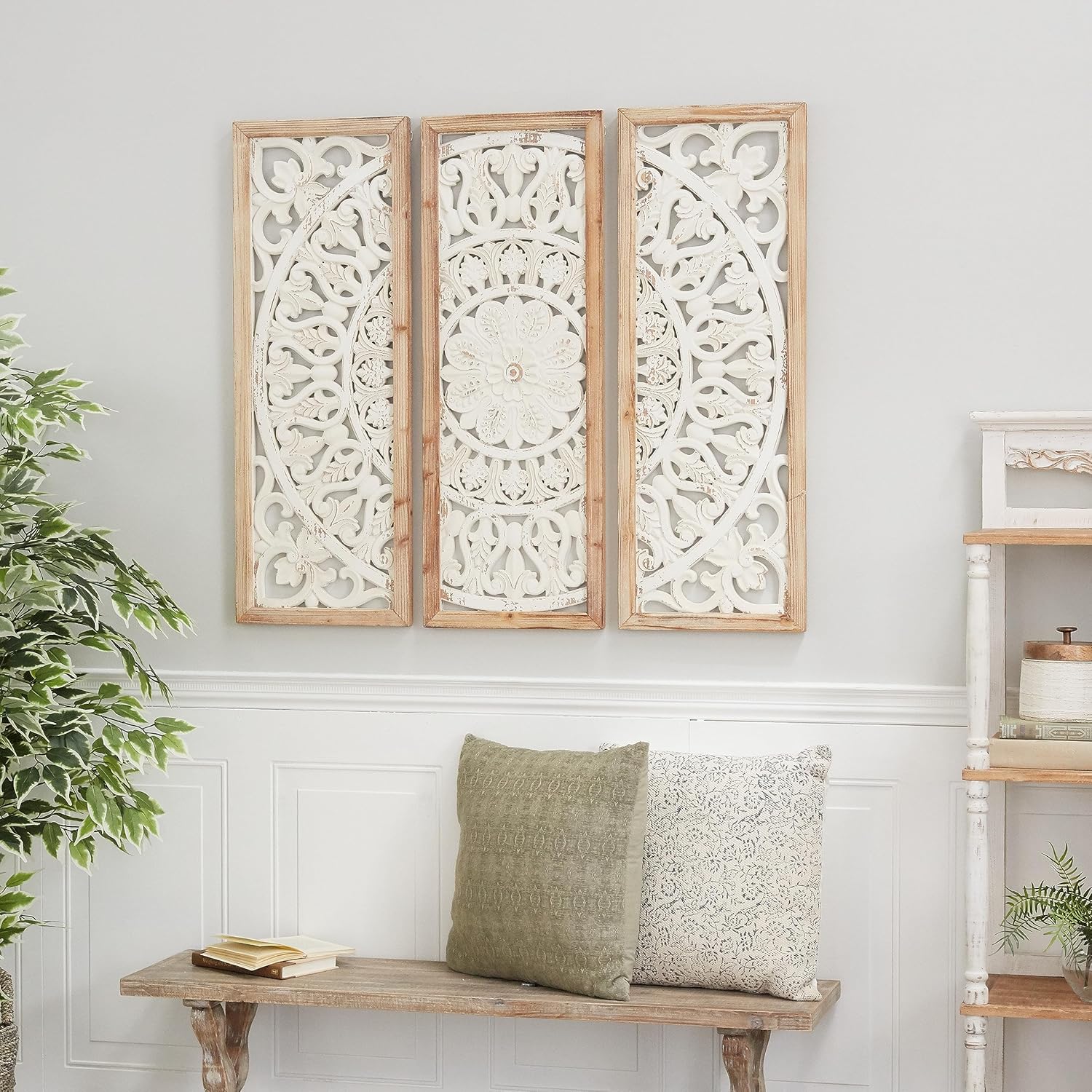 Deco 79 Wood Floral Home Wall Decor Intricately Carved Wall Sculpture with Mandala Design, Set of 3 Wall Art 35", 35", 35"H, White