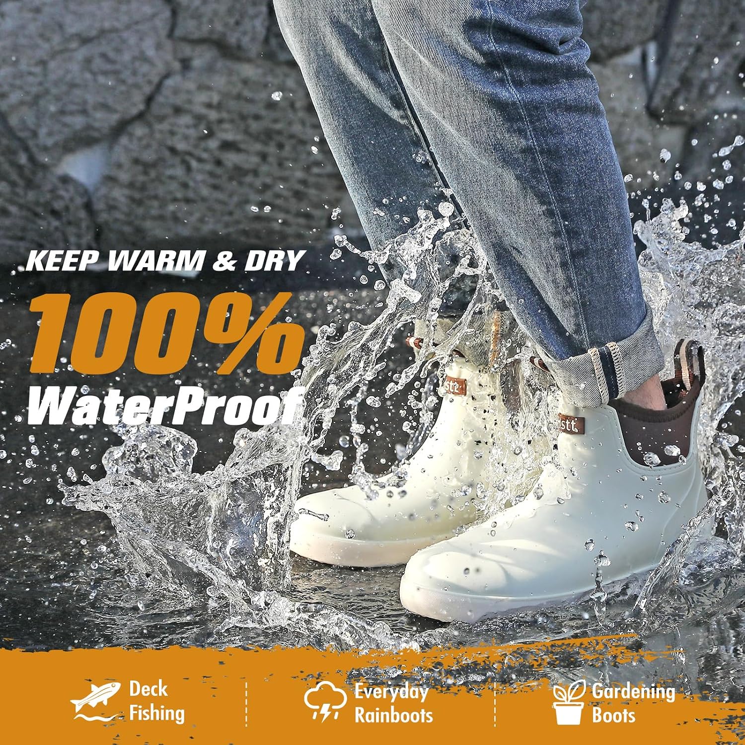 Men’s Deck Boots, Deck Shoes Waterproof Rain Boots, Saltwater Fishing Ankle Boots, Non-Slip Rubber Garden Muck Boots for Gardening Boating Camping Sailing Fishing