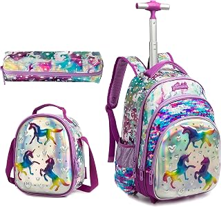 Unicorn Rolling Backpack for Girls Backpack with Wheels Kids Sequin Wheeled Backpack with Lunch Box for Preschool Elementary Girls Trolley Trip Suitcase Luggage for Kids 8-12