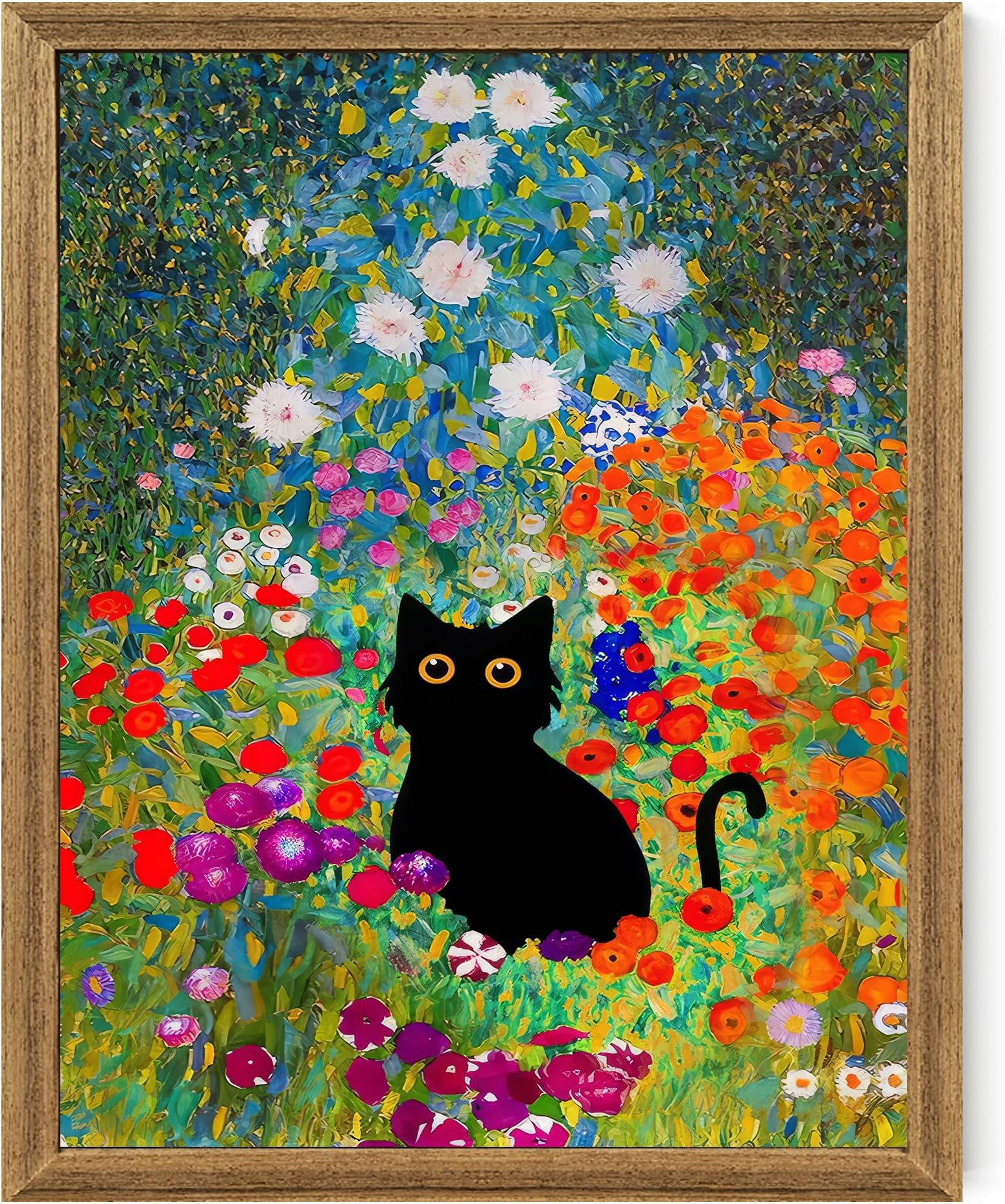 Gustav Klimt Canvas Wall Art, Framed Aesthetic Cat Floral Wall Decor, Garden Flower Black Cat Poster Paintings for Living Room Bedroom Bathroon, Dorm Home Decorations, 8" X 10"