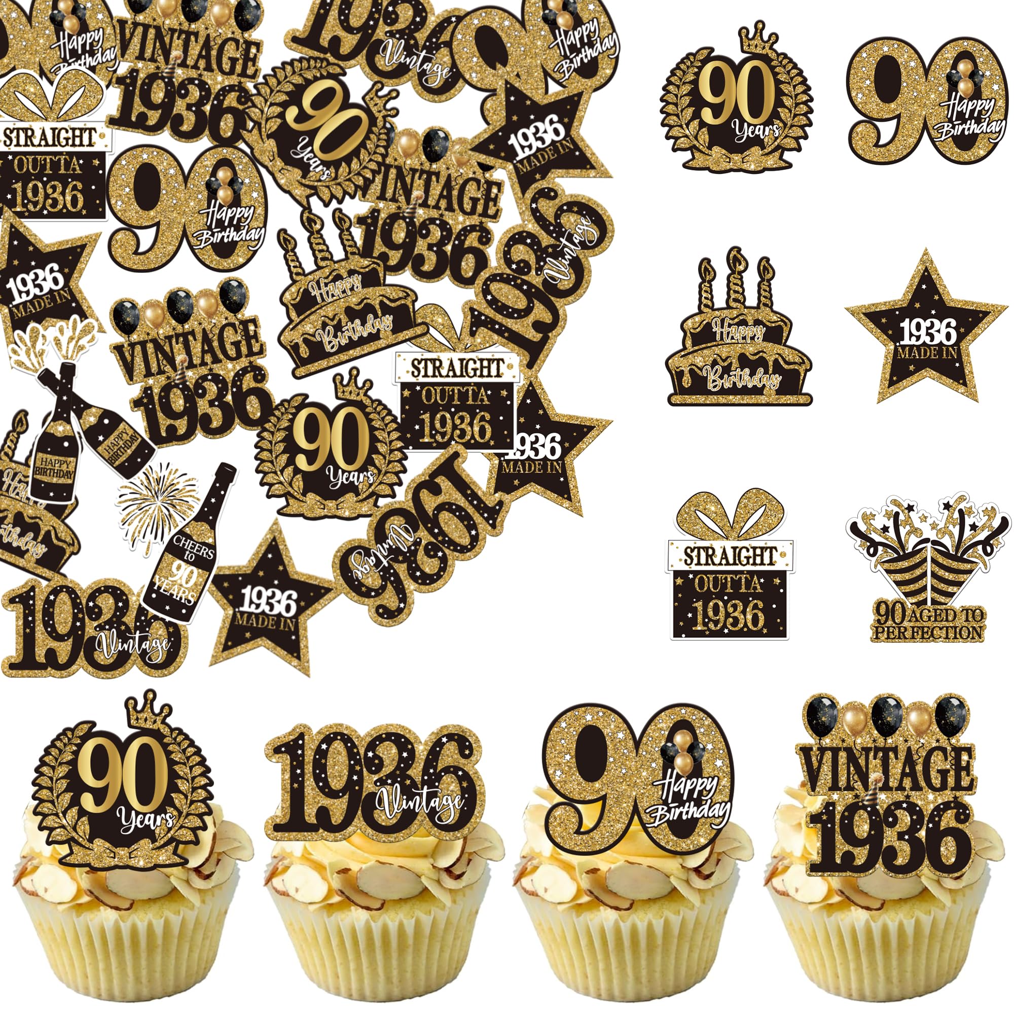 SYKYCTCY 60 Pack Edible Happy 90th Birthday Cupcake Toppers Glitter Black Gold Ninety Vintage 1936 Cupcake Picks Cheers to 90 Years Decorations for 90th Birthday Cake Decorations Party Supplies