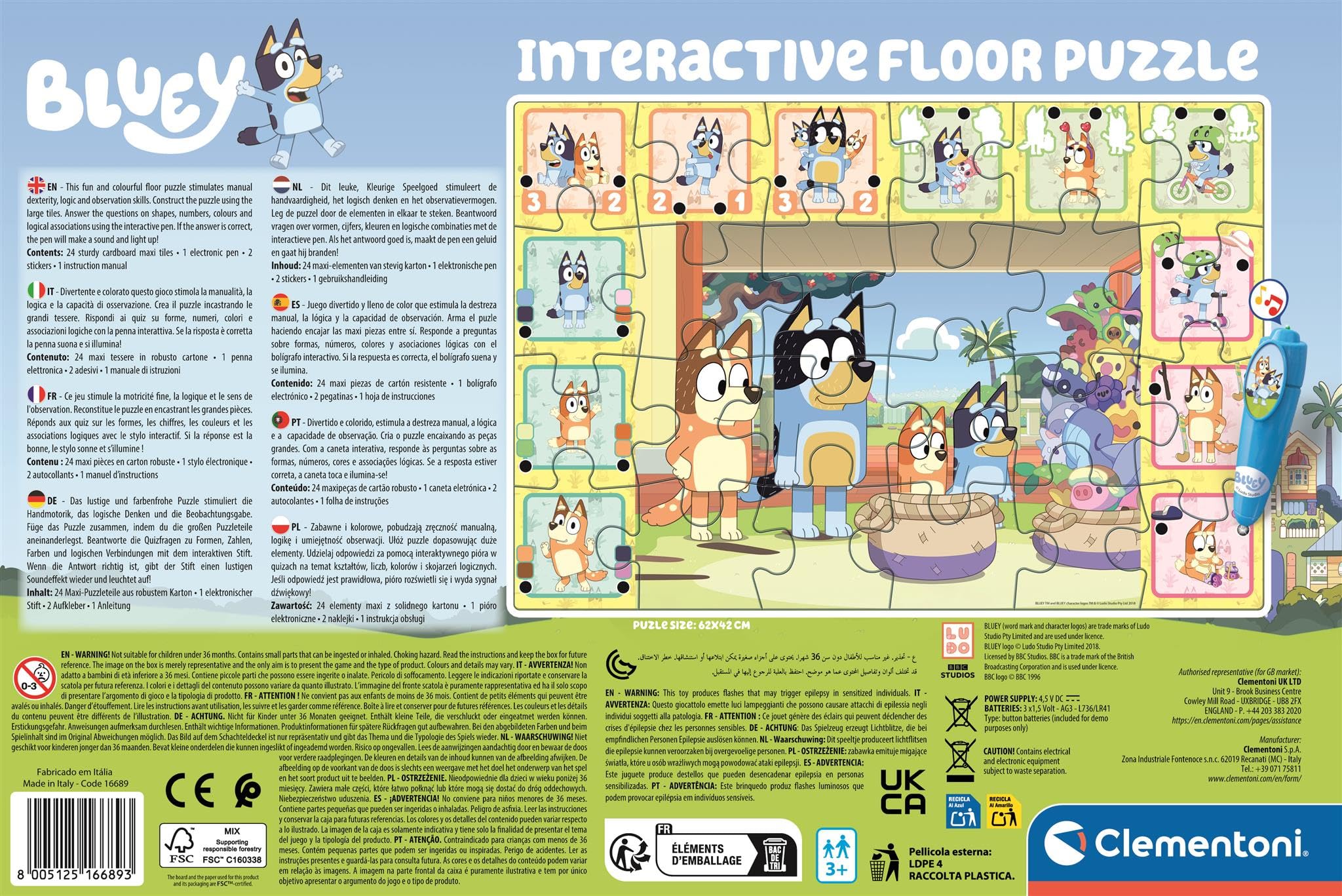 Clementoni - Puzzle Interactivo de Bluey para Suelo - 24 Piezas, Pen Interativa, Desarrollo Autonomía y Concentración, 3+ Años, 62x42 cm, 16689