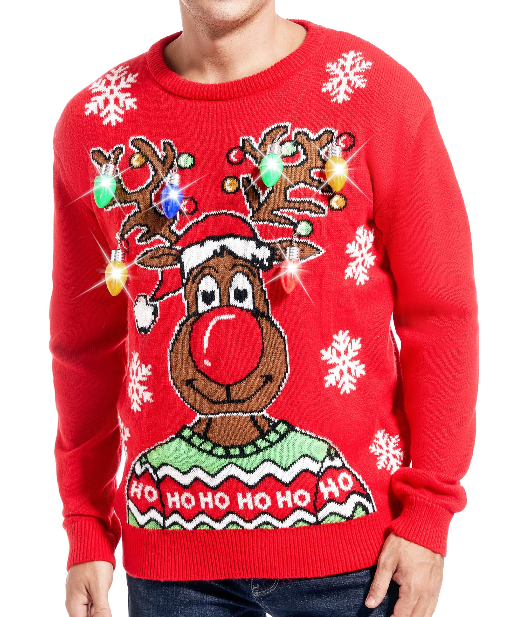 *daisysboutique* Men's Christmas Rudolph Reindeer Holiday Festive Knitted  Funny Ugly Sweater Cardigan Cute Pullover Jumper (XX-Large, LightsFreestyle)
