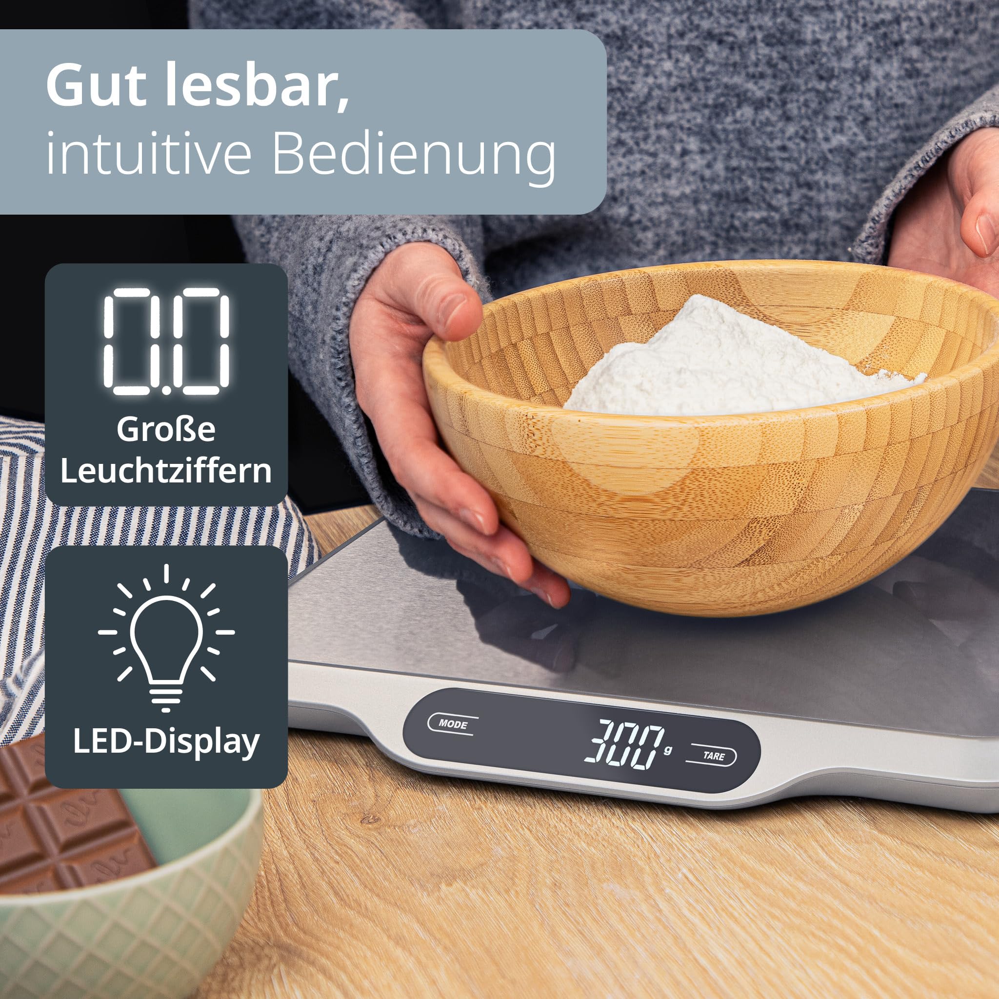 ADE Extra große Küchenwaage digital bis 15kg | Küchenwaage große Wiegefläche 26x31 cm | perfekt als Kuchenwaage, Paketwaage, Fleischwaage