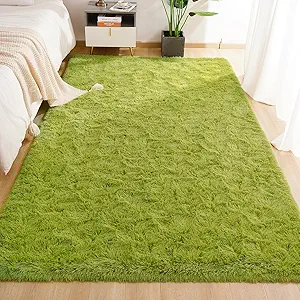 Green Rug for Bedroom, 3x5 Fluffy Area Rugs for Kids Playroom, Furry Carpet for Nursery Room, Shaggy Rug for Teen Living Room, Thick Fuzzy Plush Rug for Dorm, Cute Room Decor for Baby