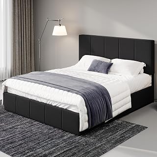 Allewie Full Size Black Velvet Platform Bed Frame - Adjustable Tufted Headboard, No Box Spring, 800lb Support, Easy Assembly