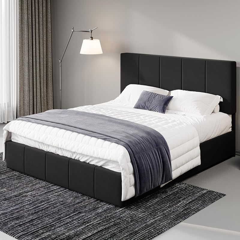 Allewie Full Size Dutch Velvet Upholstered Platform Bed Frame, Black