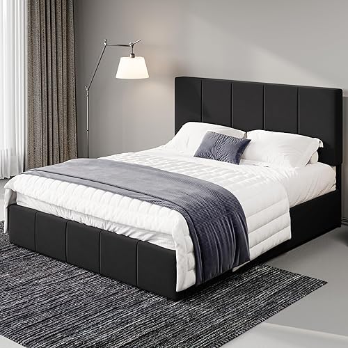 Allewie Full Size Dutch Velvet Upholstered Platform Bed Frame/Vertical Channel Tufted Adjustable Headboard/Low Profile Bed Frame/No Box Spring Needed/Easy Assembly/Black