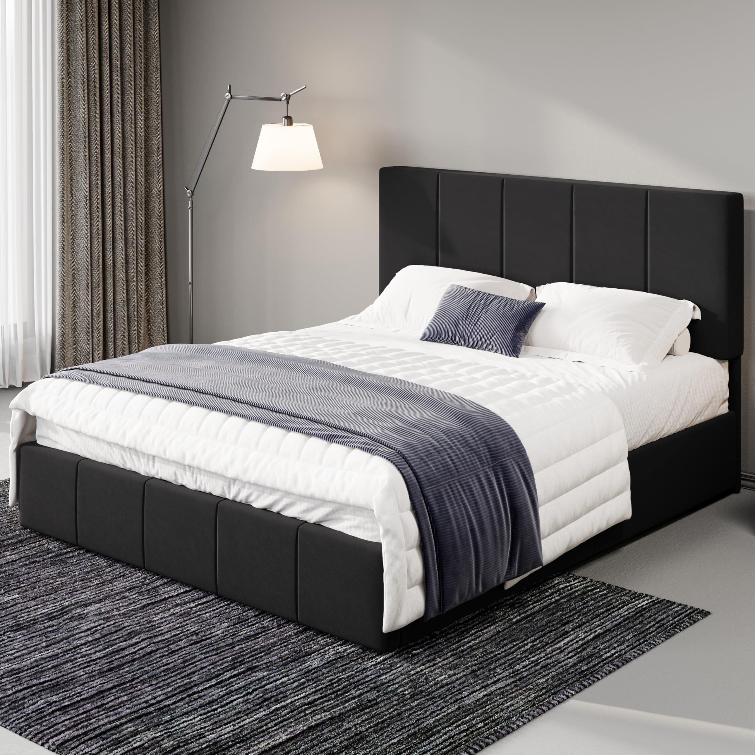 Allewie Queen Size Dutch Velvet Upholstered Platform Bed Frame/Vertical Channel Tufted Adjustable Headboard/Low Profile Bed Frame/No Box Spring Needed