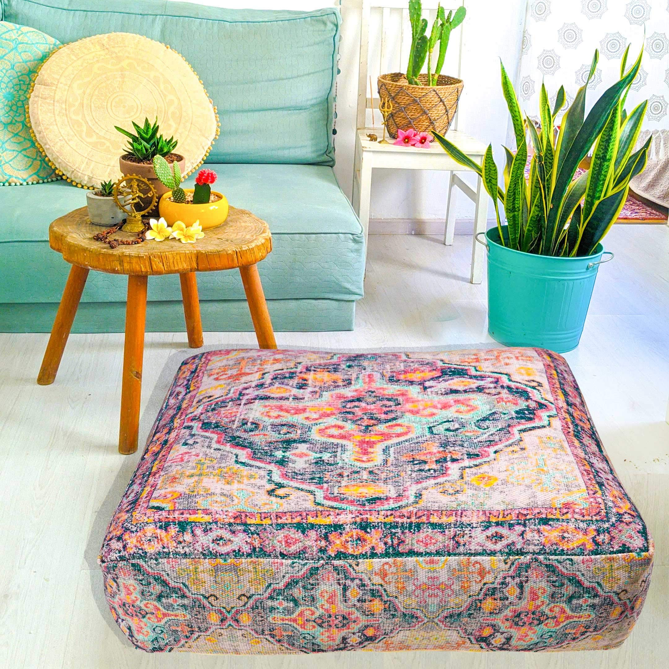 Mandala Life ART Bohemian Outdoor Floor Cushion Cover - Unstaffed 24x8 inches - Vintage Square Pouf Otttoman - Pillow Case for Garden Party, Pool, Balcony, Patio