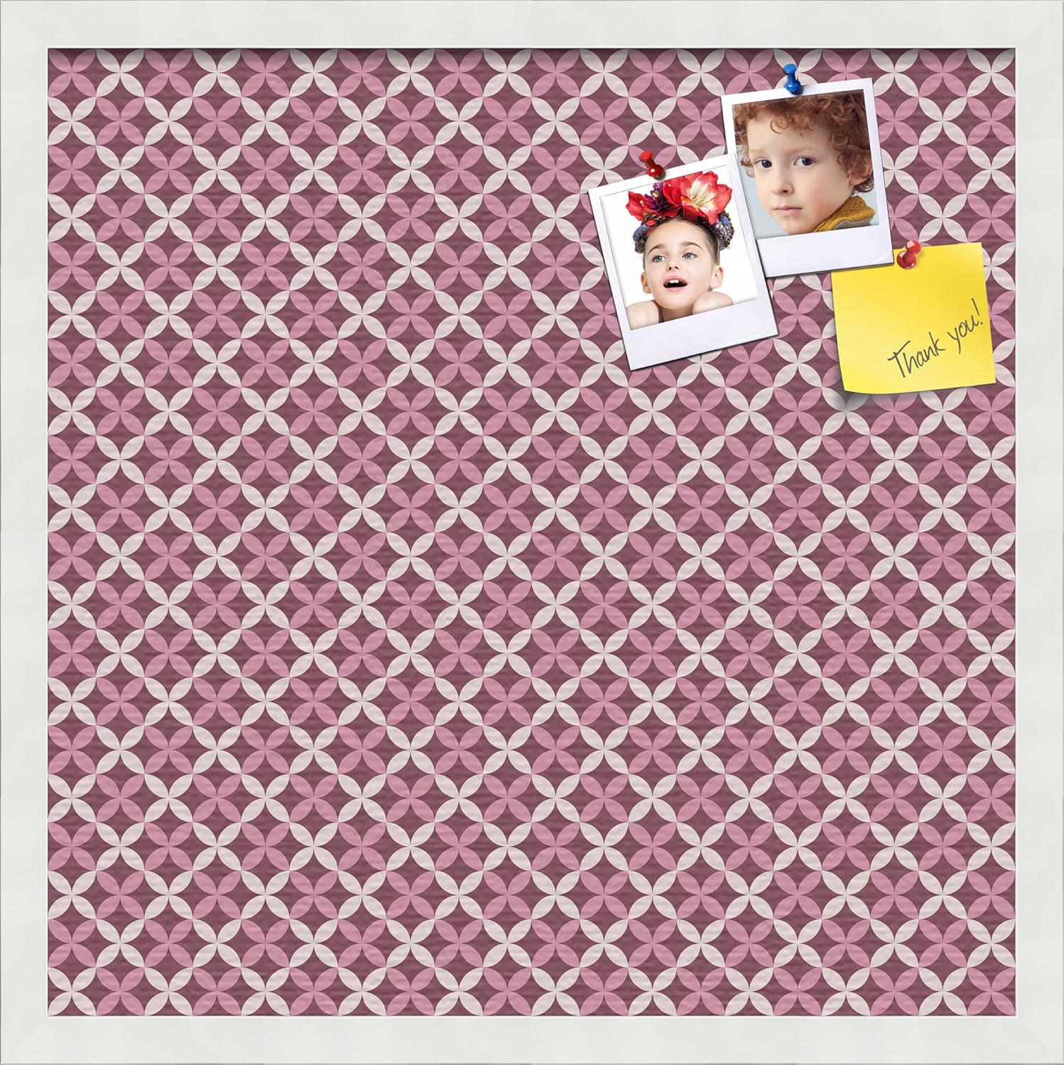 PinPix Decorative pin Cork Bulletin Board Made from self-Healing Canvas, Stylish Pink Pattern Printed at 16x16 Inches and Framed in Red Stain on Beech(WOM56673)