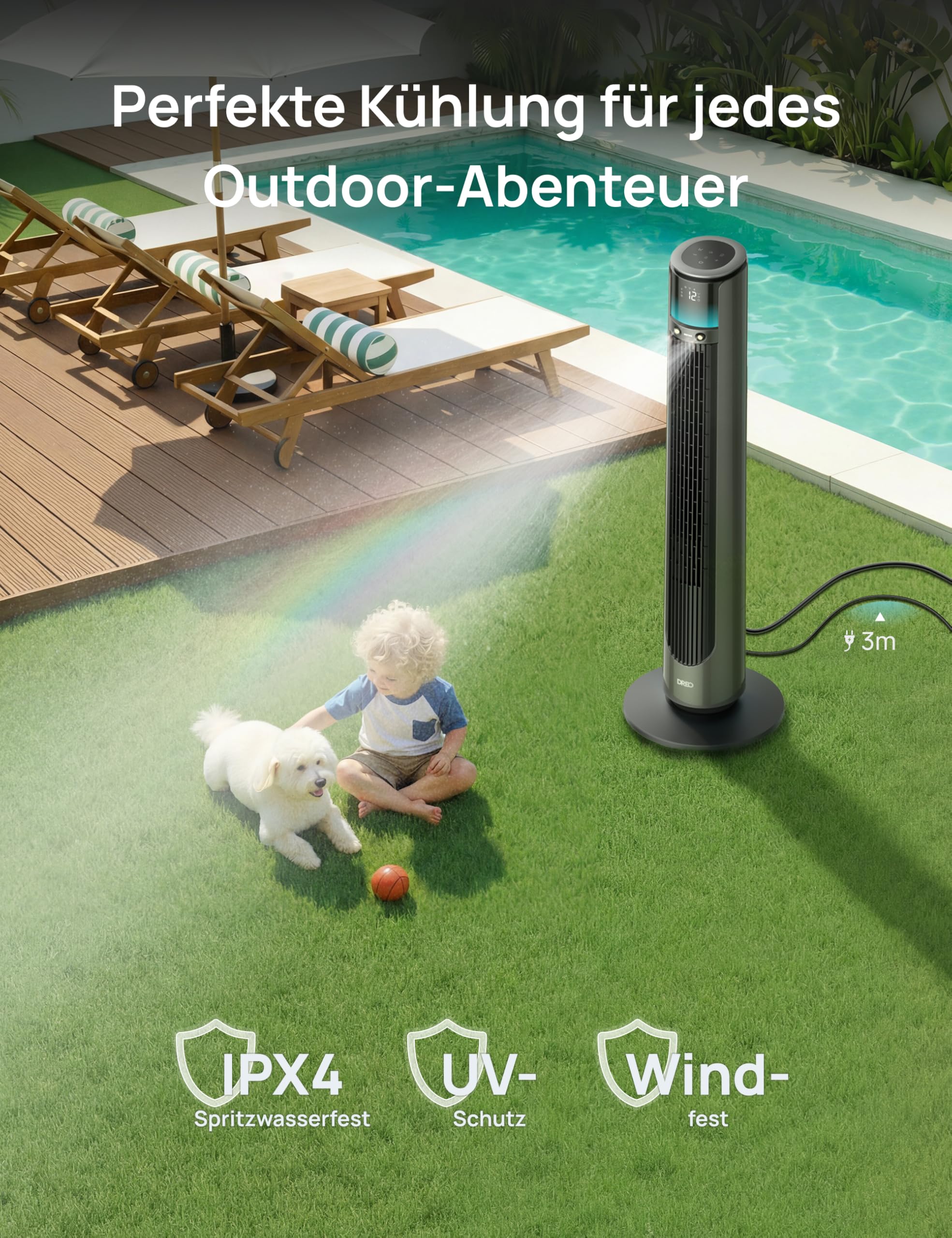 DREO TurboCool Outdoor Nebelventilator 711AS, 10 m/s Leistung, 12 Stufen, 4 Modi, intelligenter Standventilator, 150° Oszillation, 20 dB leise, DC-Motor, wetterfest, für Innen- & Außenbereich