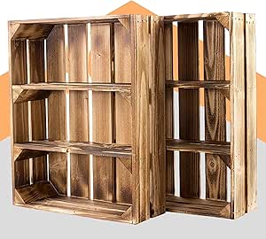 Set van 3 massieve en stabiele fruitkisten, houten kisten, wijnkisten, 50 x 40 x 30 cm, gevlamd, natuur, leuke decoratie voor binnen en buiten (set van 3, licht gevlamd