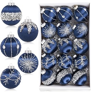 Christmas Balls Navy Blue Ornaments - Pack of 15 Luxury Christmas Tree Decorations Shatterproof - Satin Glitter Xmas Bulbs Set, 80mm 3.15 inch