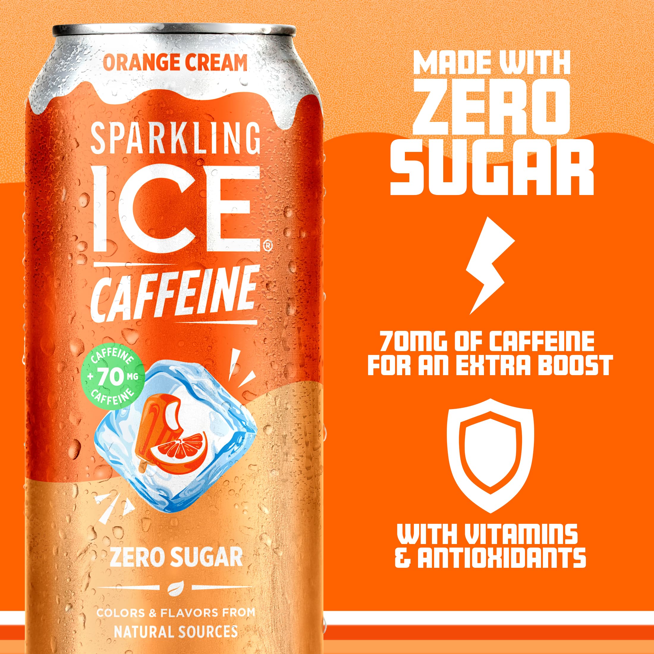Sparkling Ice® Caffeine Soda Shoppe Orange Cream Perfectly Caffeinated® Sparkling Water with 70mg Caffeine, Zero Sugar, with Antioxidants and Vitamins, 16 fl oz Cans (Pack Of 12)