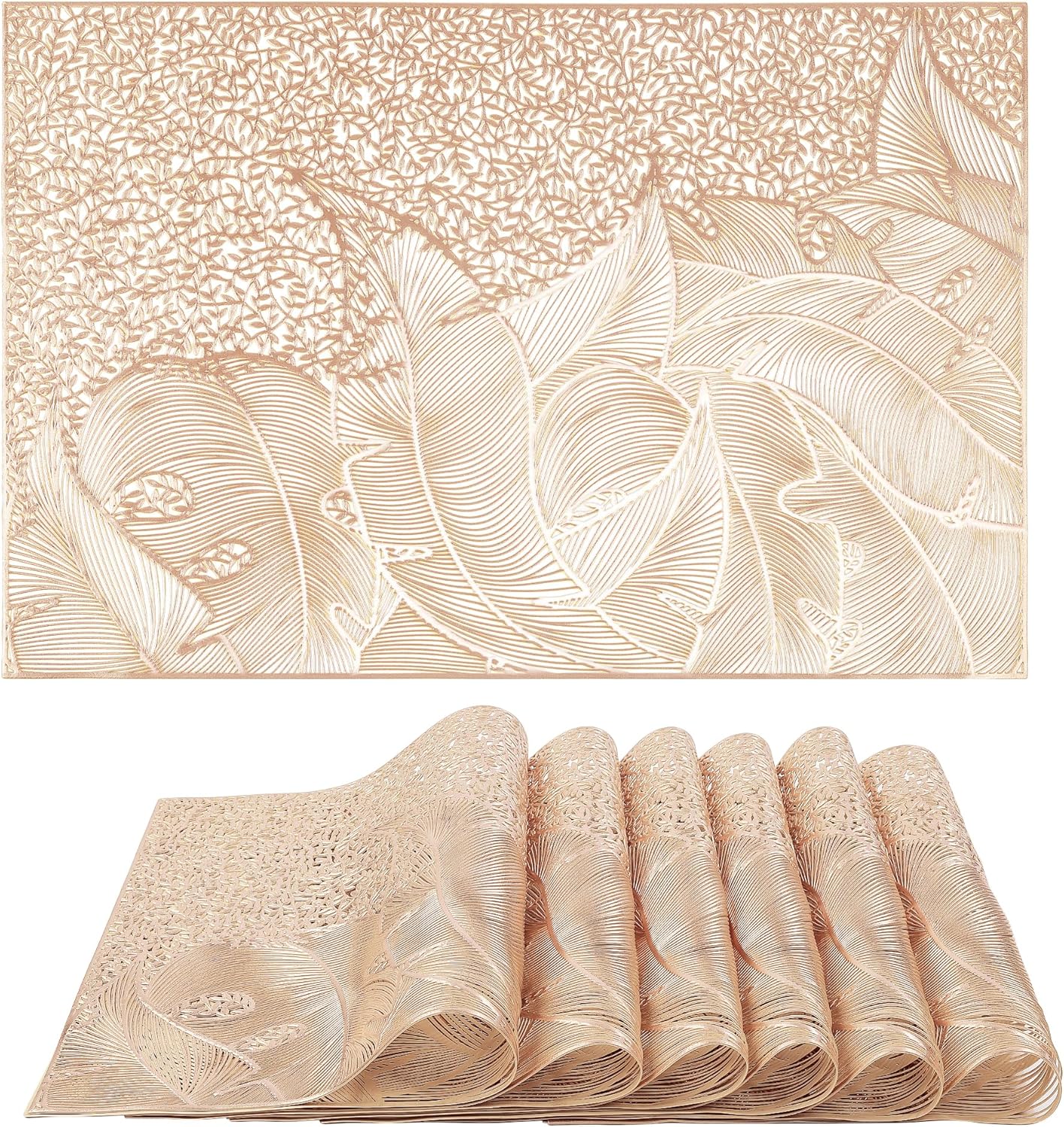 fanquare Gold Rectangle Placemats Pressed Vinyl Leaf Pattern Washable Place Mats for Wedding Non-Slip Elegant Dinning PVC Table Mats Easy to Clean
