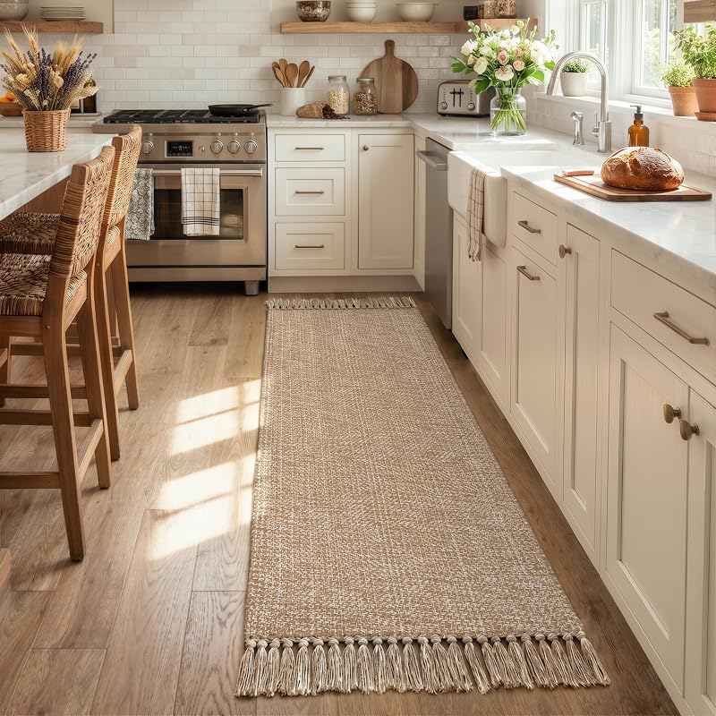 Alfombra de cocina de 2 x 6 pies, alfombra de baño lavable de granja moderna | Alfombras bohemias tejidas a mano para pasillos, alfombra de yute para dormitorio, alfombra reversible para lavandería, entrada, cabecera, patio