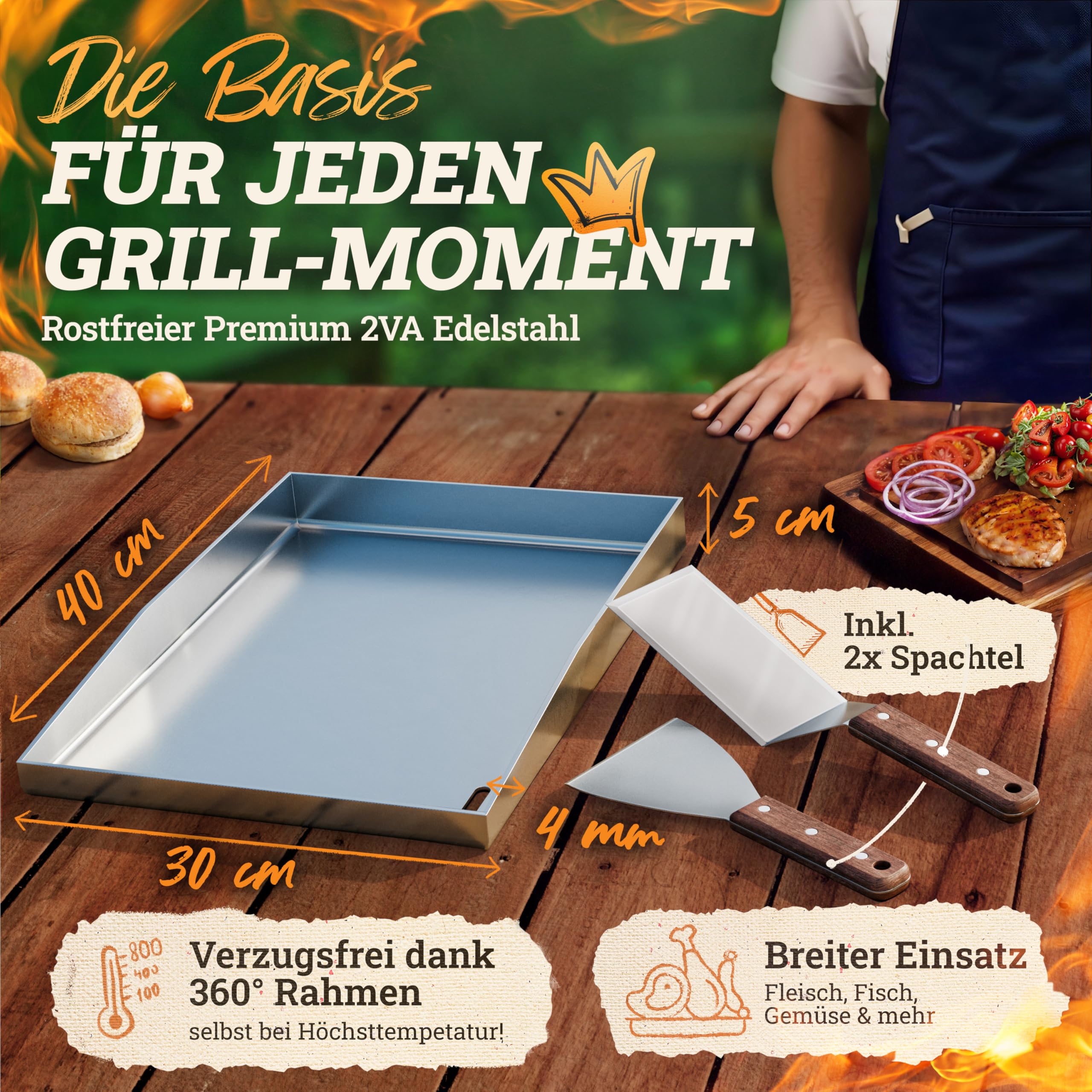 LIKAYA® Plancha Grillplatte [30x40cm] mit 2x Grillspachtel mit FSC-Akazienholzgriff Grillzubehör | Verzugsfreier Edelstahl | Plancha Gasgrill Kohlegrill | Geschlossene Ecken ohne Auslaufen