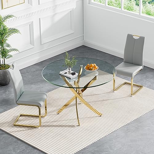 Miniatura 67 de Goujxcy Juego de mesa de comedor de cristal moderno para 6, juego de mesa y sillas de cocina de cristal plateado, juego de mesa de comedor de 7