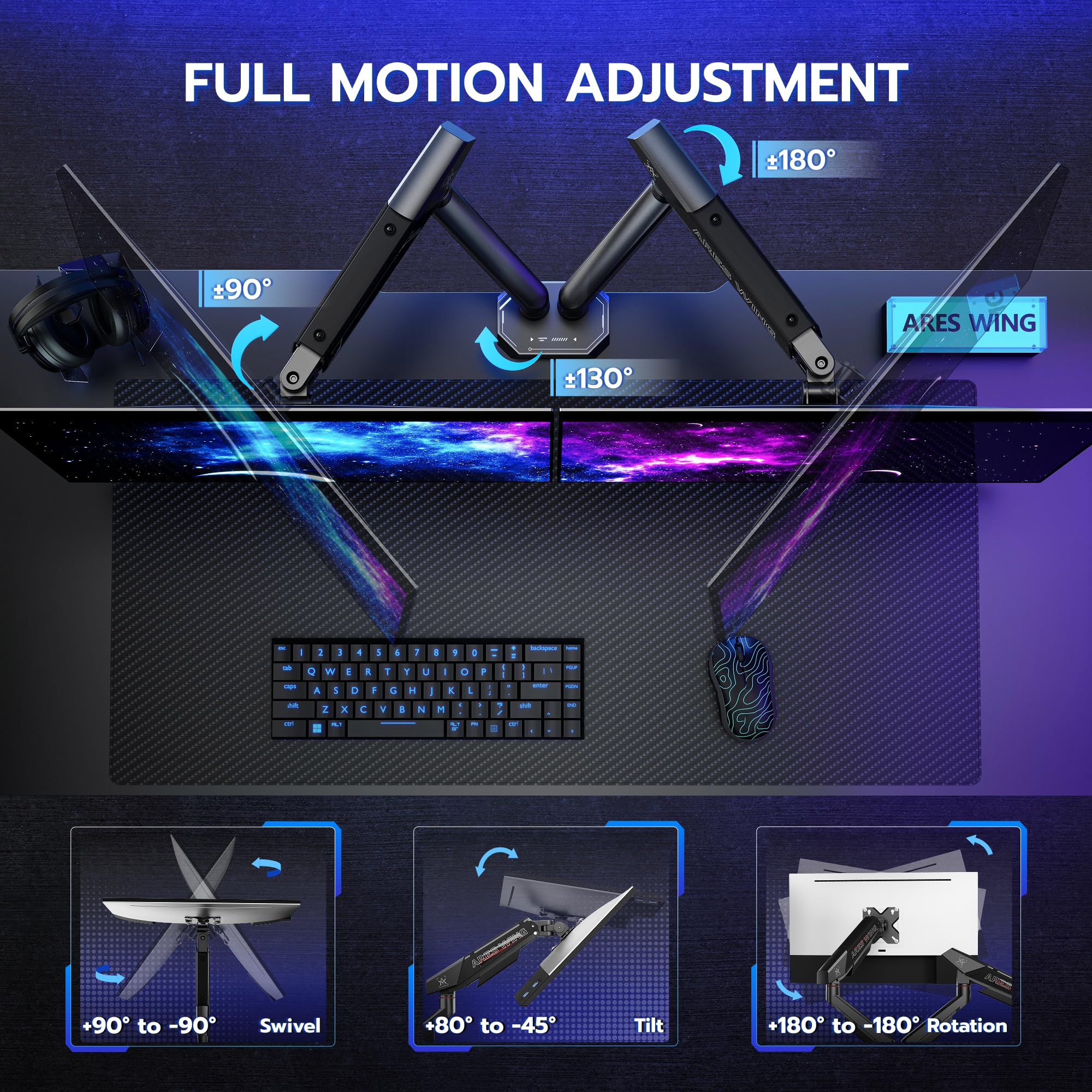Ares Wing Soporte Monitor Doble 17-35", Brazo Ajustable 12 kg/Arm, Negro | Brazo monitor ergonómico con giro 360°, inclinación, altura ajustable, VESA 75/100mm y gestión de cables