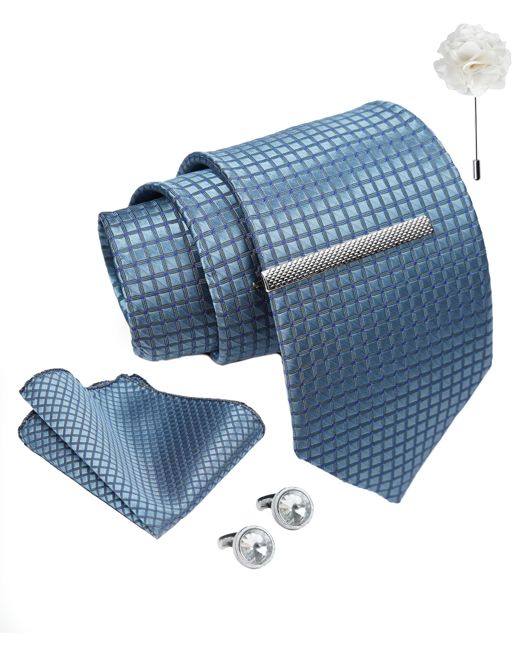 Tie for Men – Dotted Silk Neck Ties Set with Cufflinks Flower Pin, Pocket Square & Black Gift Box, Combo Necktie Sets for Office Wear, Formal Suits & Weddings (Dusty Blue, NXPLX_265)-image-29