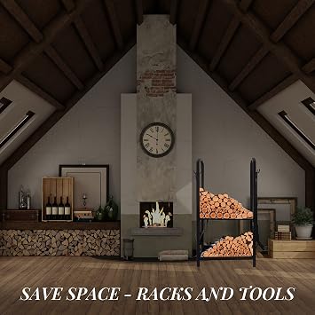Doppy Firewood Rack Indoor 4 Piece Set, Firewood Rack, Outdoor Log Holder Rack with Fireplace Tools set,Fire Log Holder Wrought Iron Large Wood Stove with Hook, Broom, Shovel, Pliers, Black